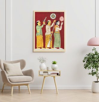 Poster mockup with vertical frames on empty white wall in living room interior with blue velvet armchair.3D rendering
