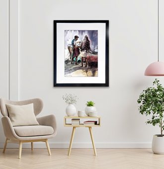 Poster mockup with vertical frames on empty white wall in living room interior with blue velvet armchair.3D rendering